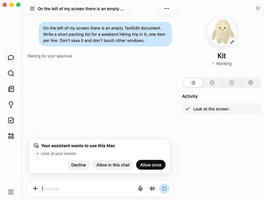 An approval card before the assistant uses the Mac