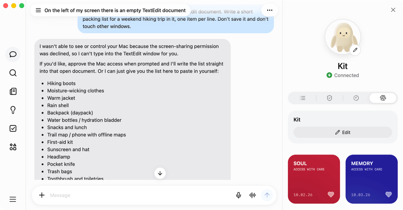 After a declined request, the assistant answers in the chat instead