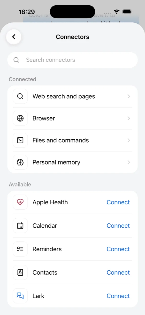 Connectors: Apple Health, Calendar, Reminders, Contacts and Lark